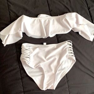 White 2 piece swimsuit.